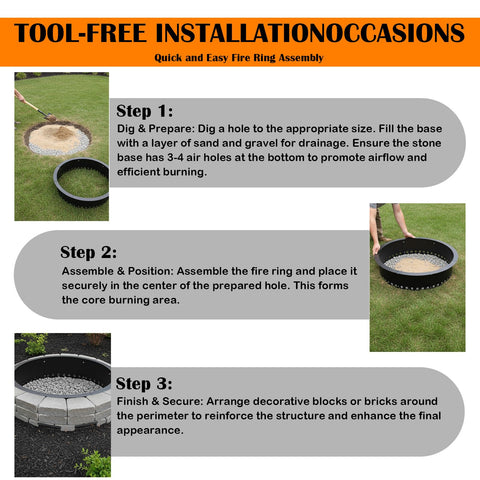 Vivagarden fire ring features sturdy steel construction for outdoor use.