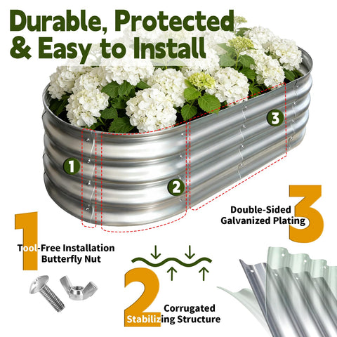 Vivagarden galvanized steel bed highlights rust resistance for outdoor use.