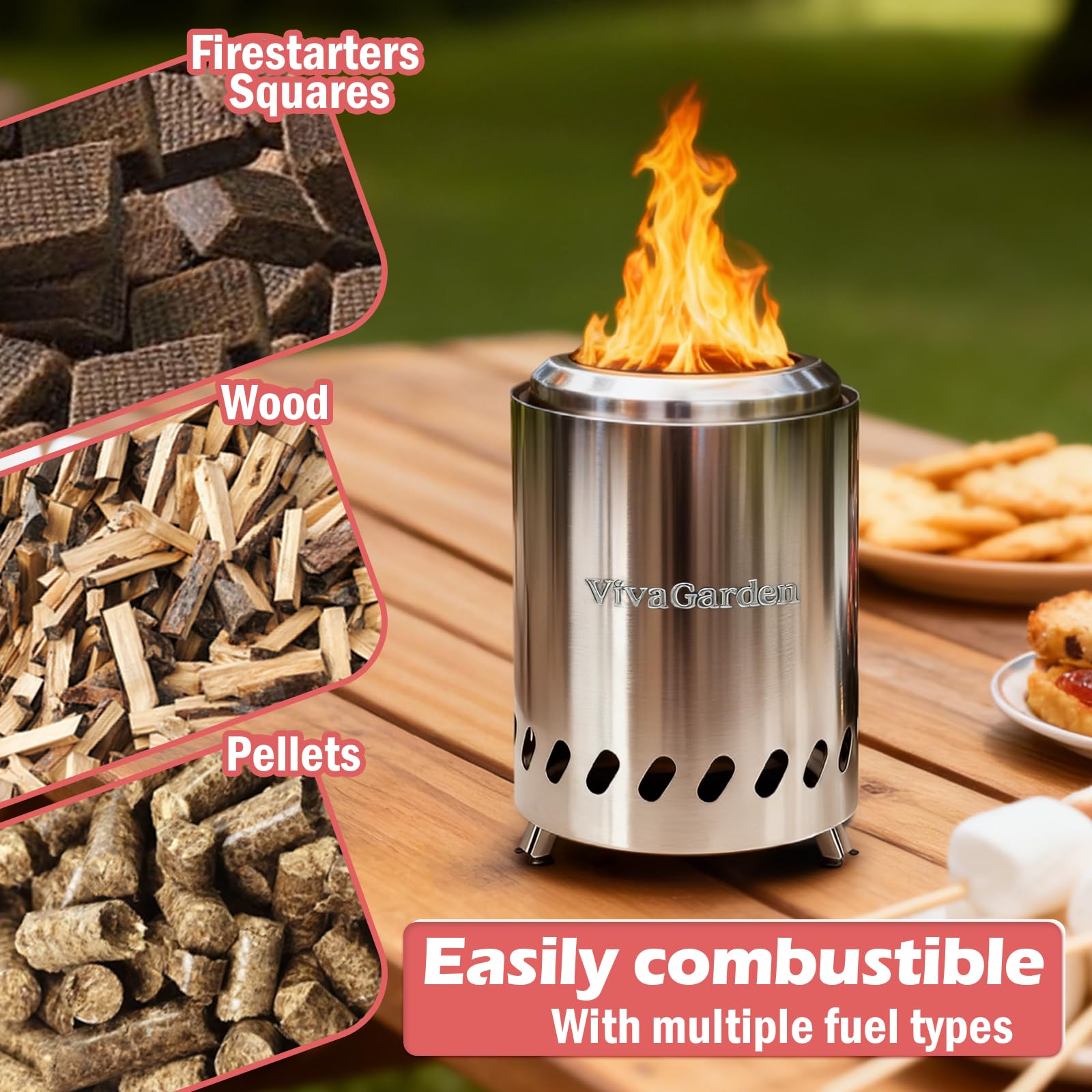 Vivagarden tabletop fire pit with 360 vents for steady airflow.