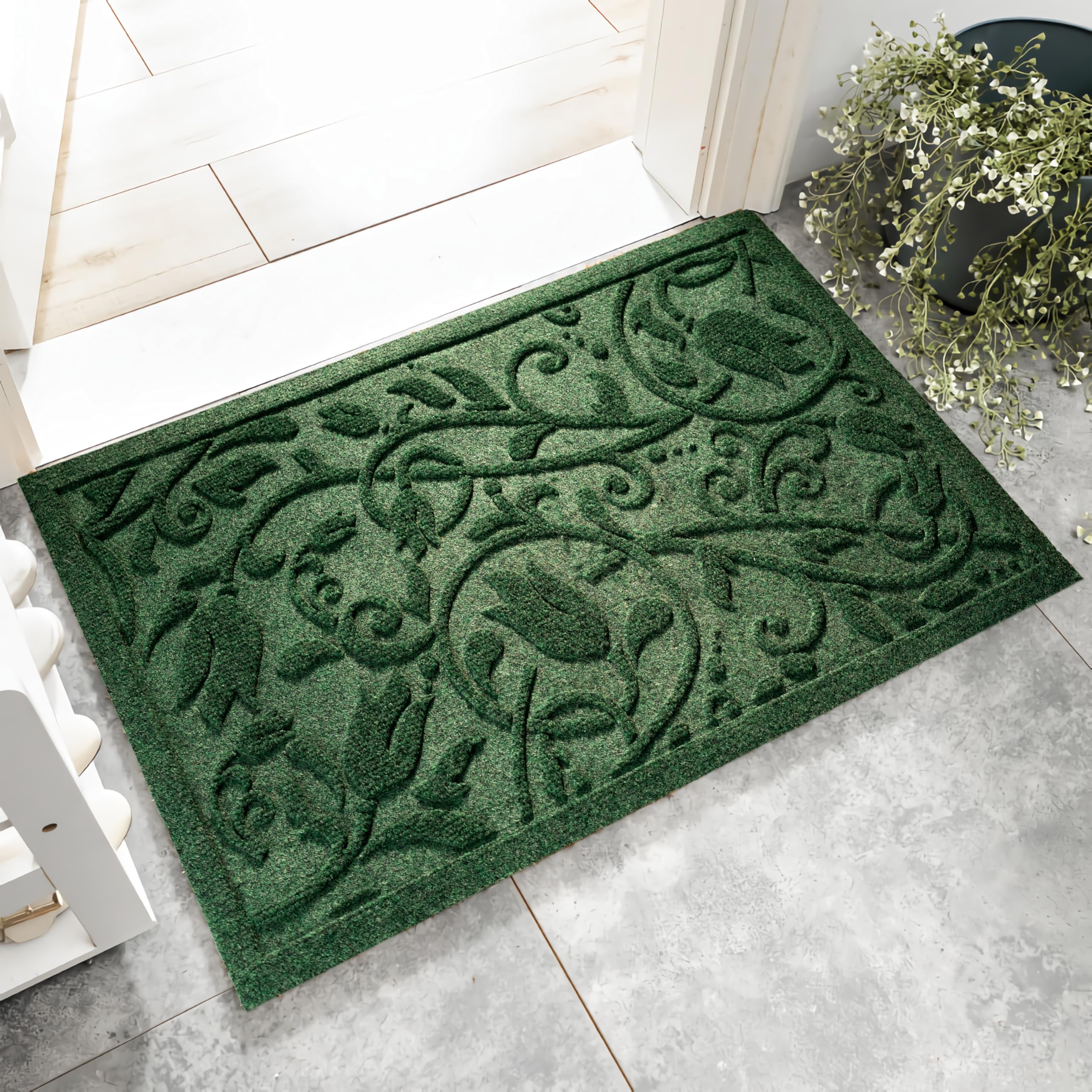 VivaNest Boho Green Floral Leaves front door mat captures dirt and welcomes guests.