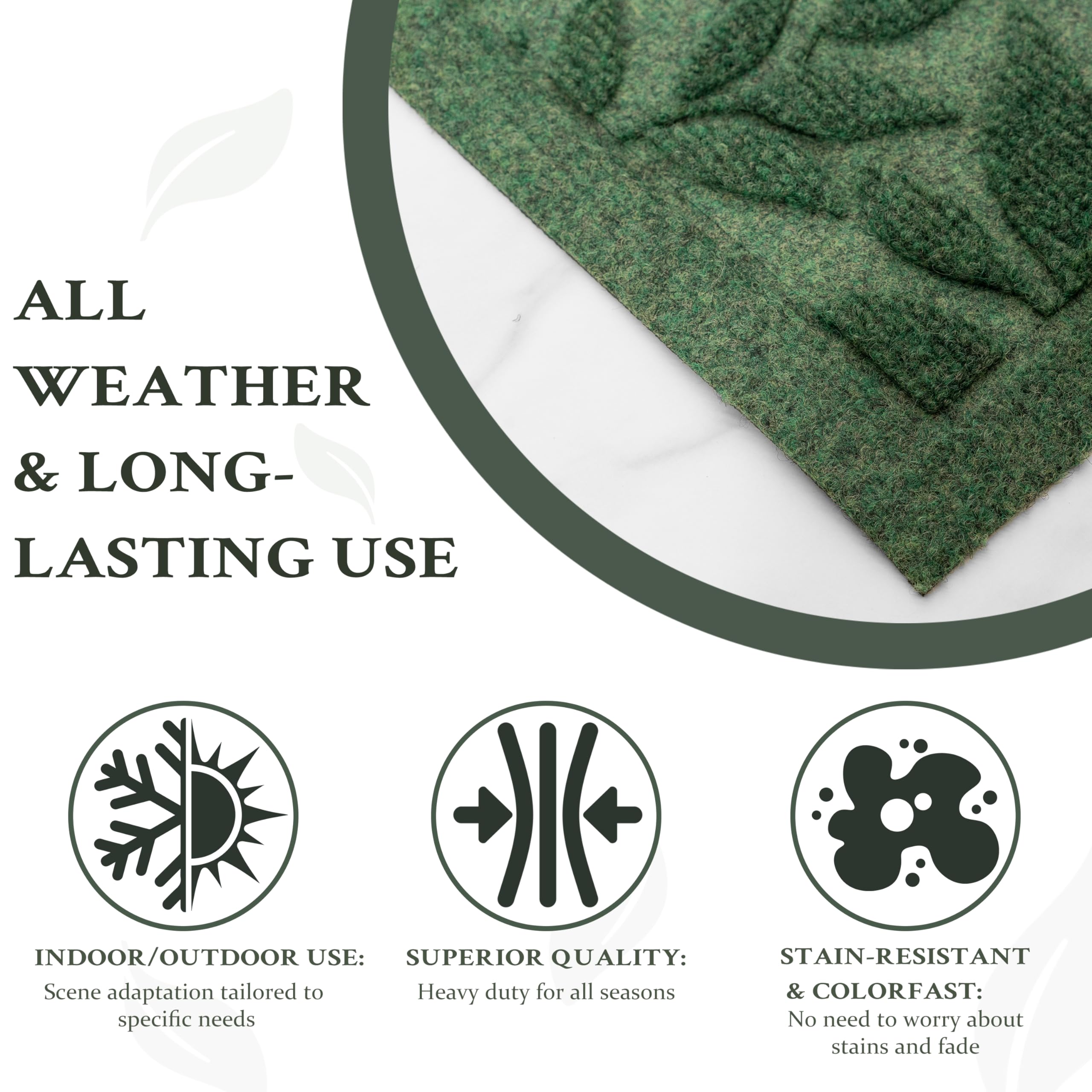 VivaNest Green Leaves mat showing natural rubber back for non-slip stability.