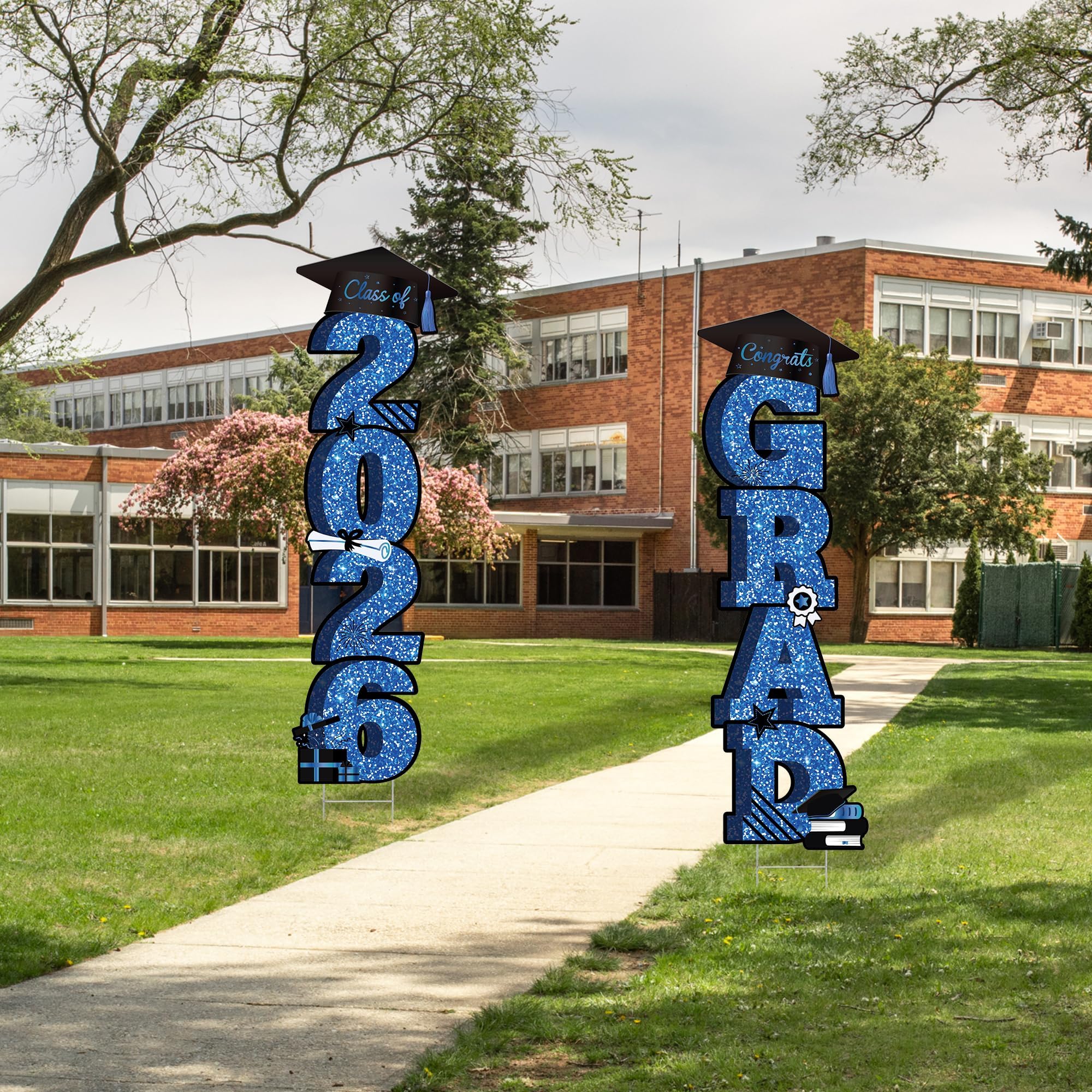 Vivantia 2026 graduation party setup with yard sign blue and black