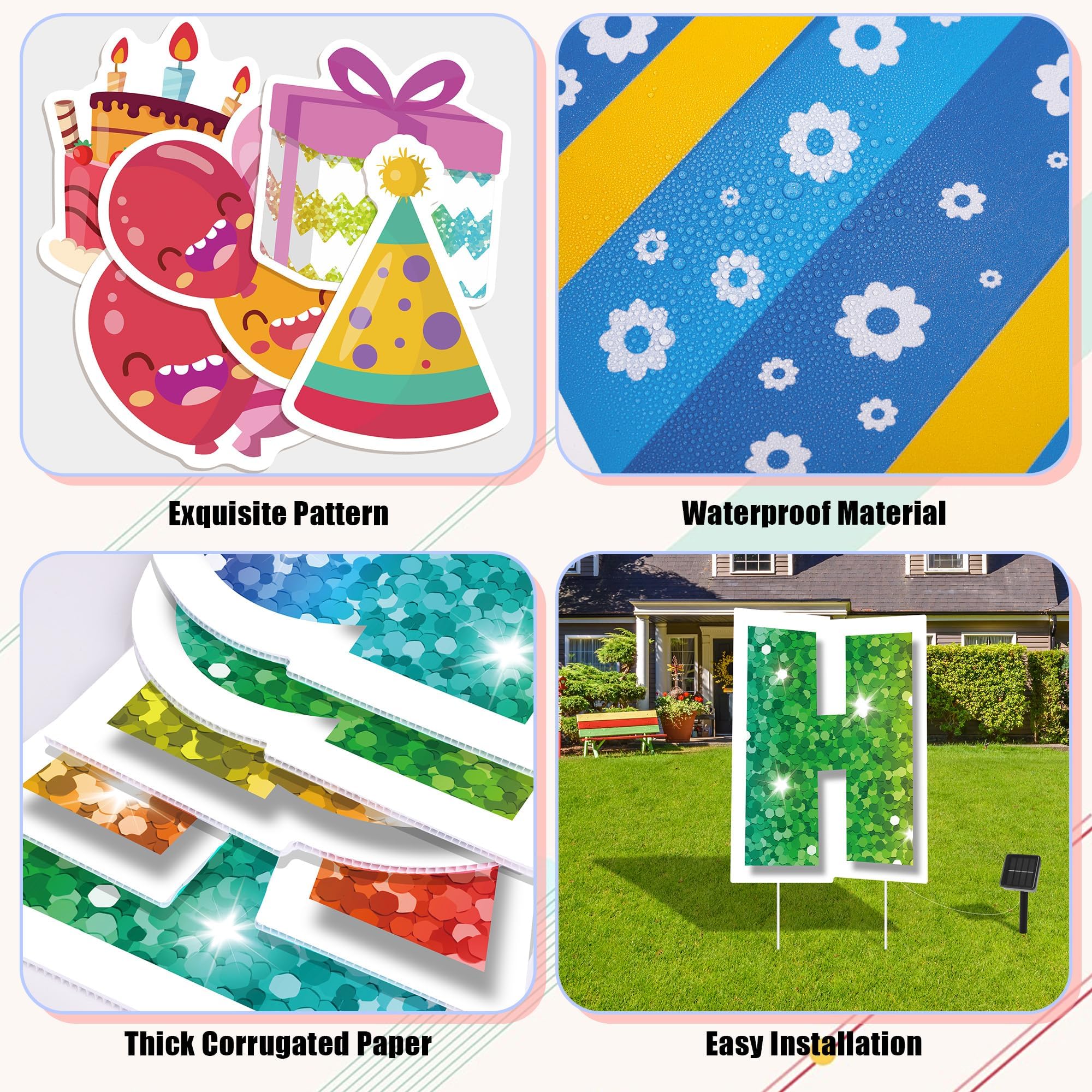 Vivantia Happy Birthday yard sign gift boxes create festive focal points.