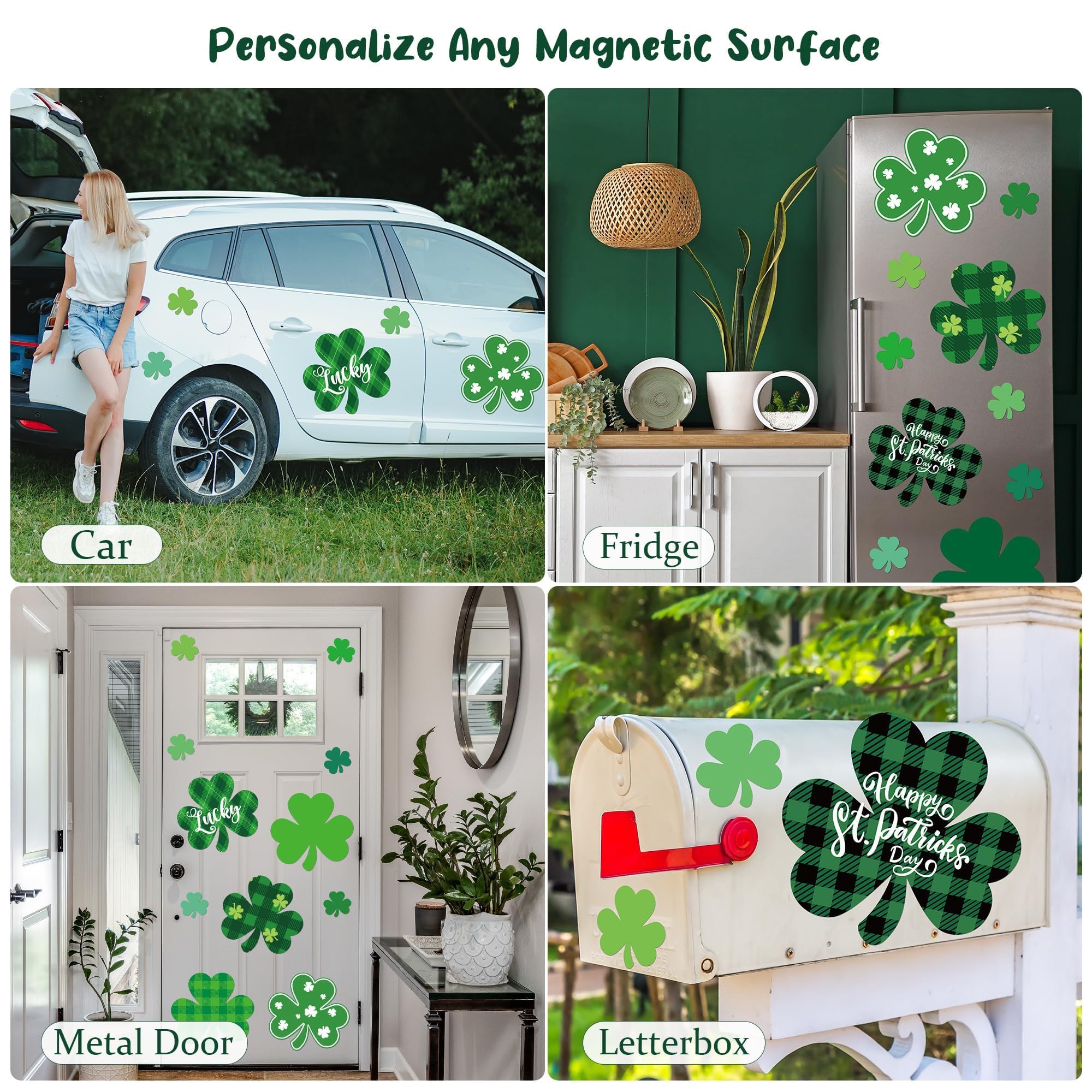 Vivantia festive St Patrick's Day magnets display vibrant holiday decor.