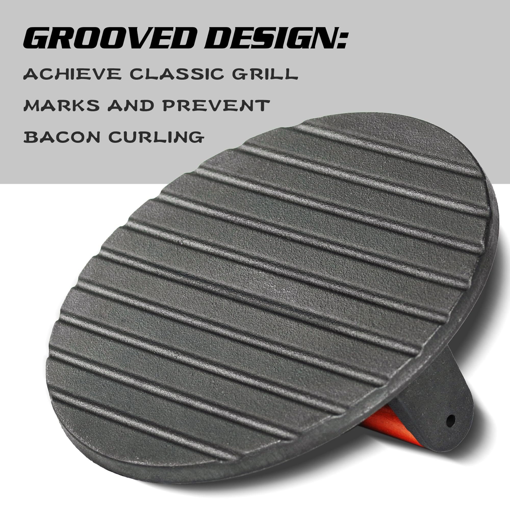 Vivicreate griddle press distributes heat to speed grilling and edge crispness.