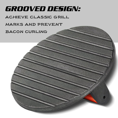 Vivicreate griddle press distributes heat to speed grilling and edge crispness.