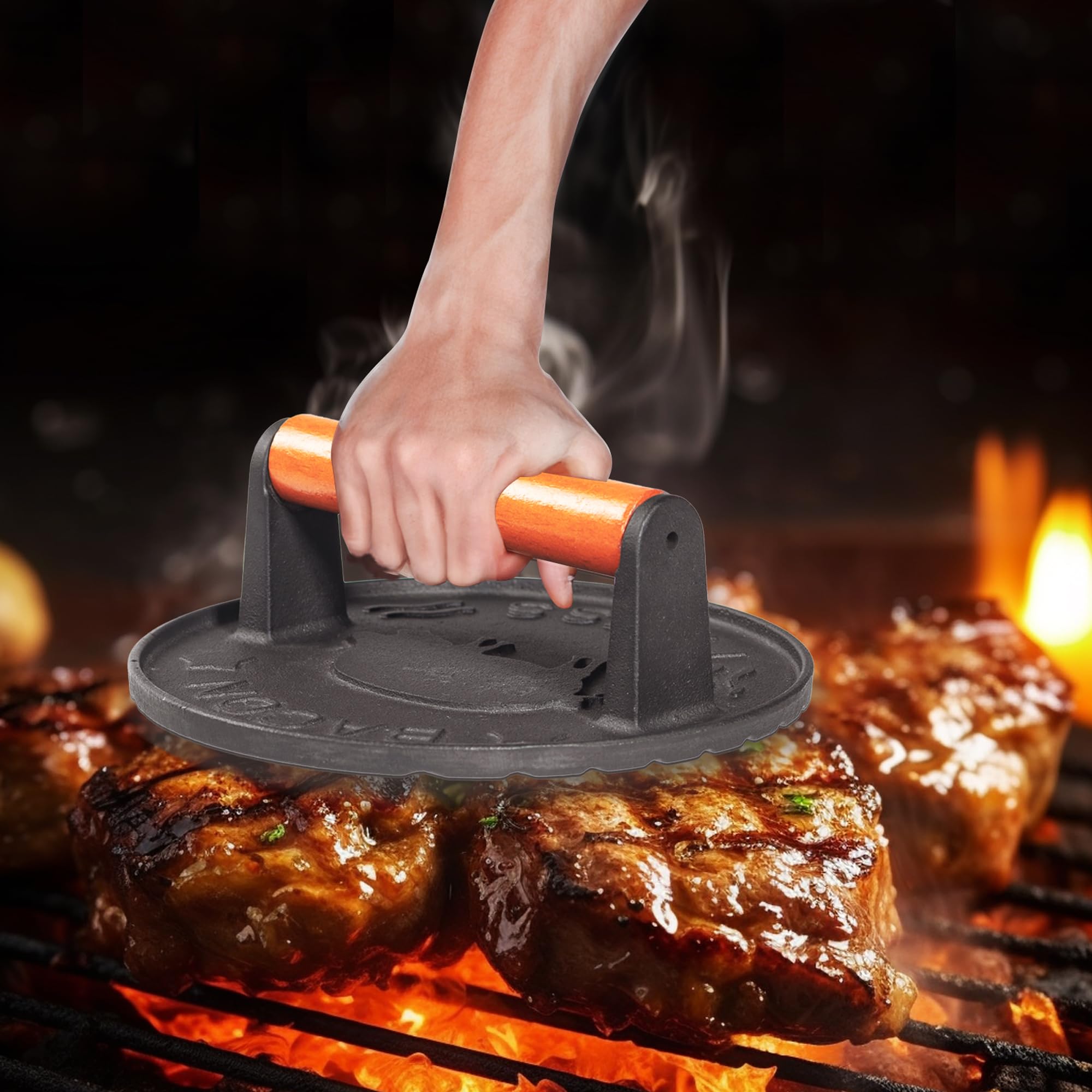 Vivicreate hamburger press with wooden handle for safe, cool-to-touch pressing.