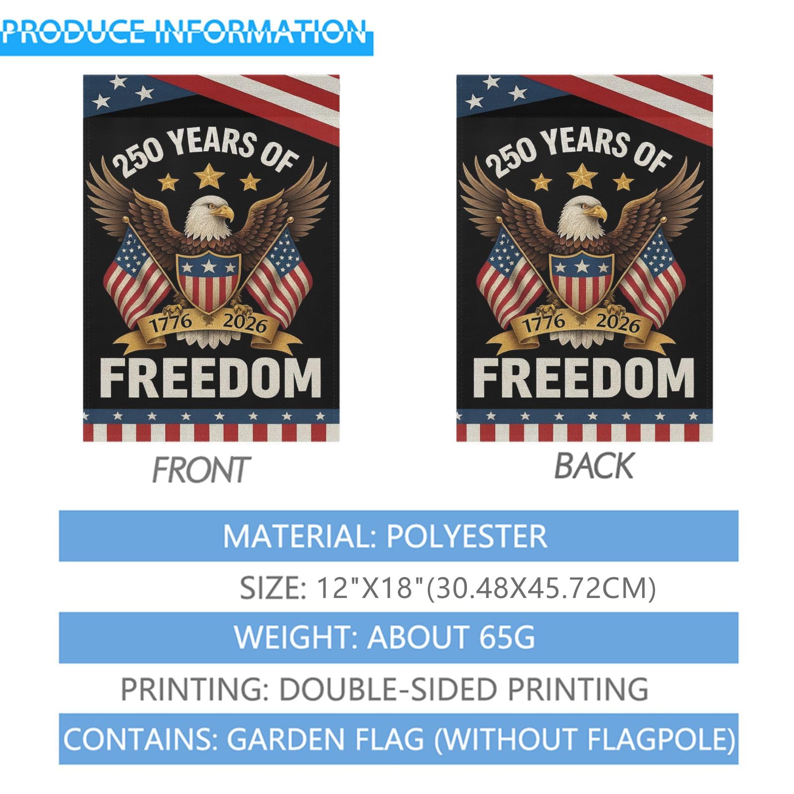 Vivid colors resist fading on the 250th Anniversary flag.