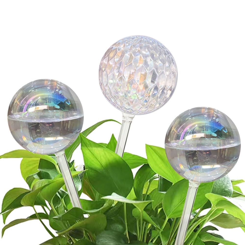 Vividaire iridescent glass watering globe, angle view, 17oz capacity for two weeks of plant hydration.