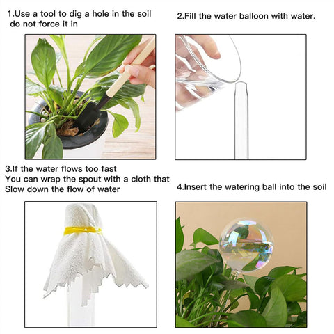 Vividaire iridescent glass watering globe with flow-control, illustrating adjustable drip rate for plant care.