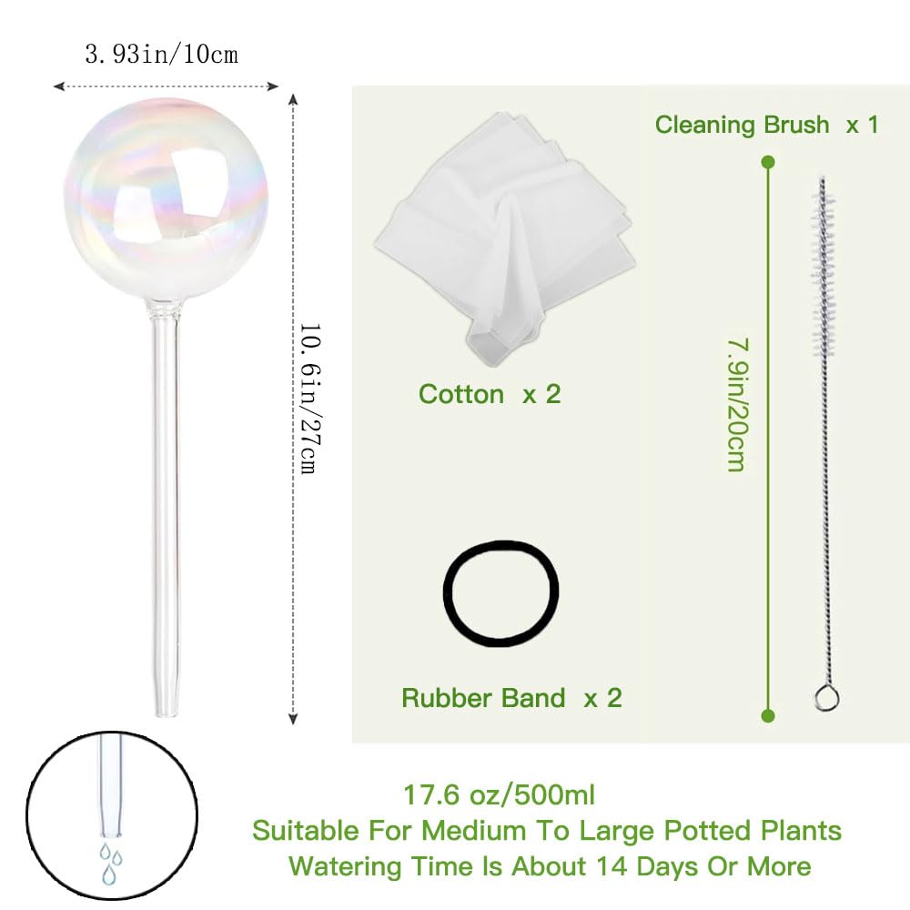 Vividaire iridescent large glass watering globes in use, delivering steady moisture to houseplants.