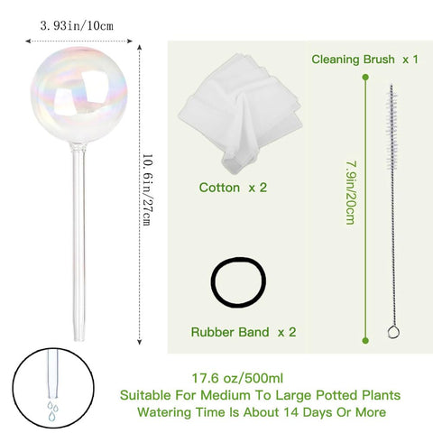 Vividaire iridescent large glass watering globes in use, delivering steady moisture to houseplants.