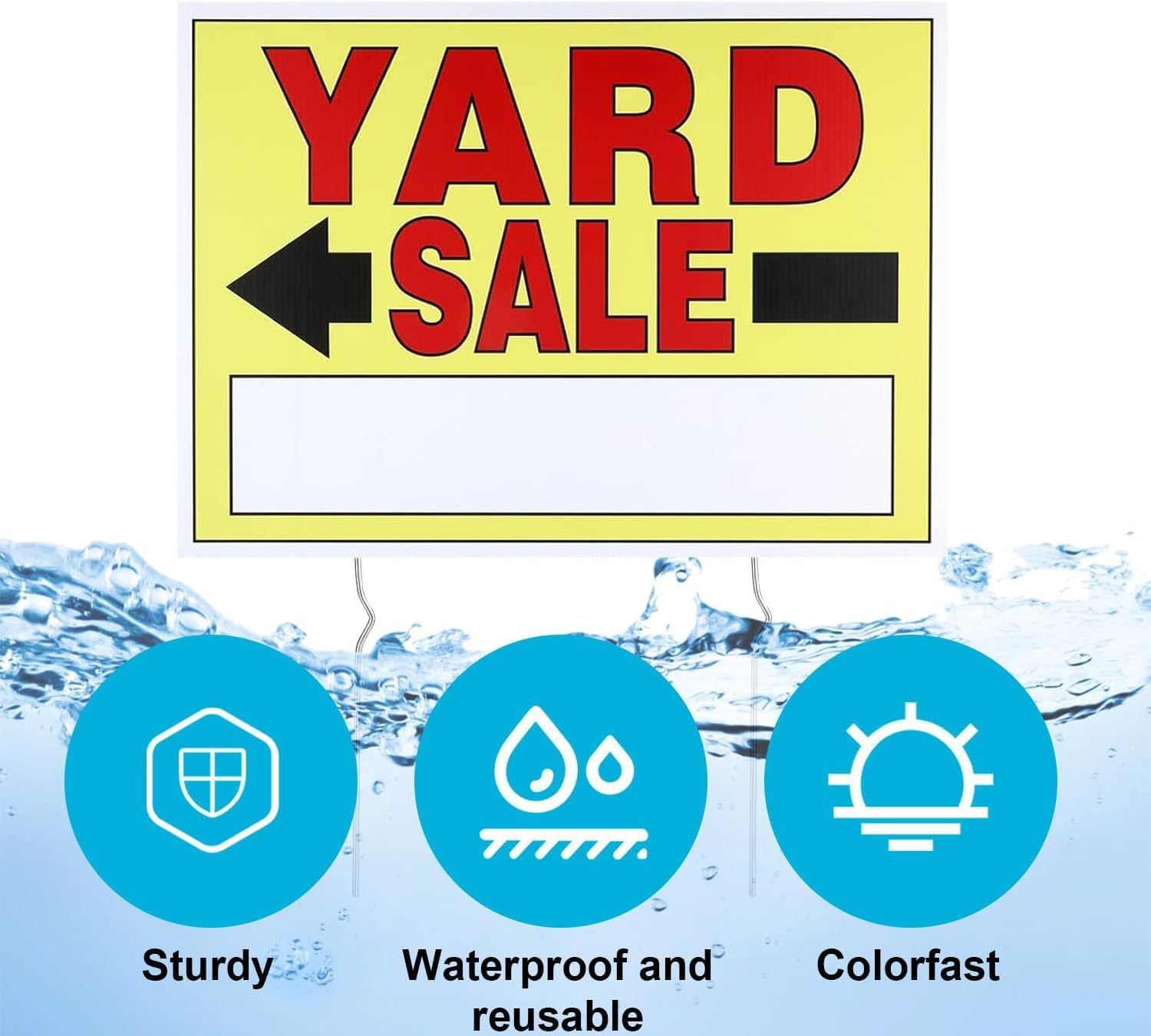 Vividsphere weatherproof yard-sale sign withstands rain and wind for outdoor events.