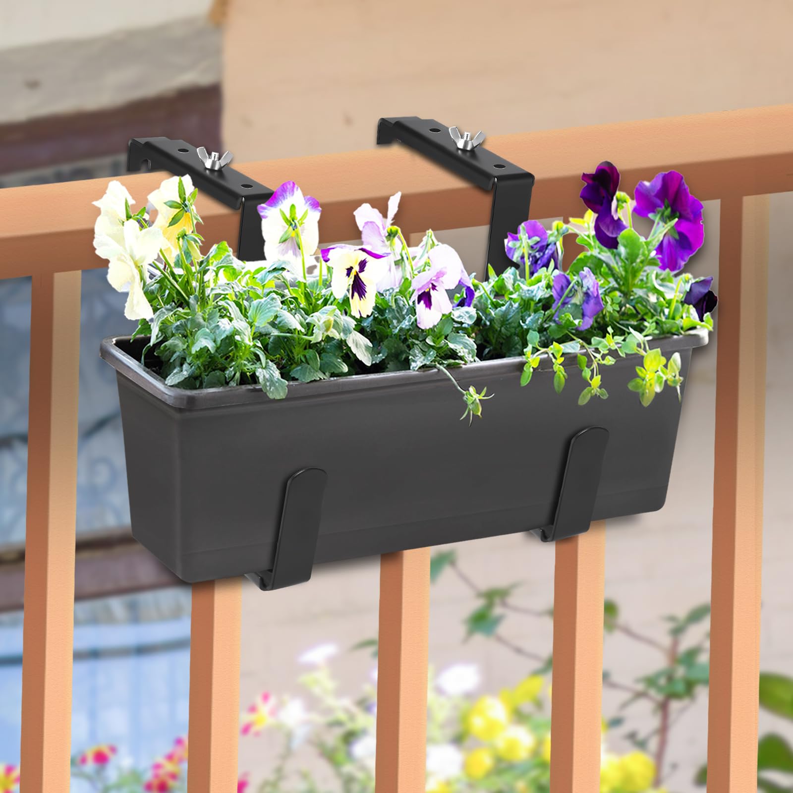 VIVIKEN Planter Box Brackets fit deck railings for versatile outdoor display.