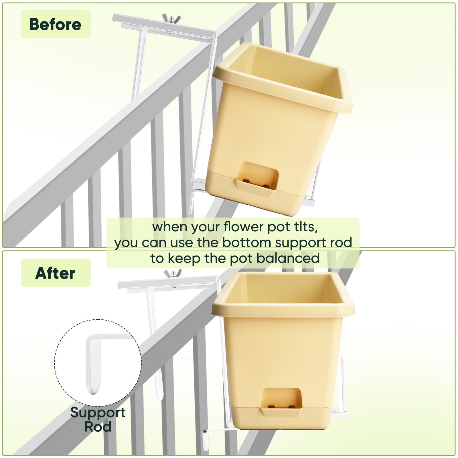 VIVIKEN anti-tilt design guarding planter stability on narrow railings.