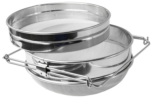 VIVO honey strainer over a bucket filters debris for cleaner honey.