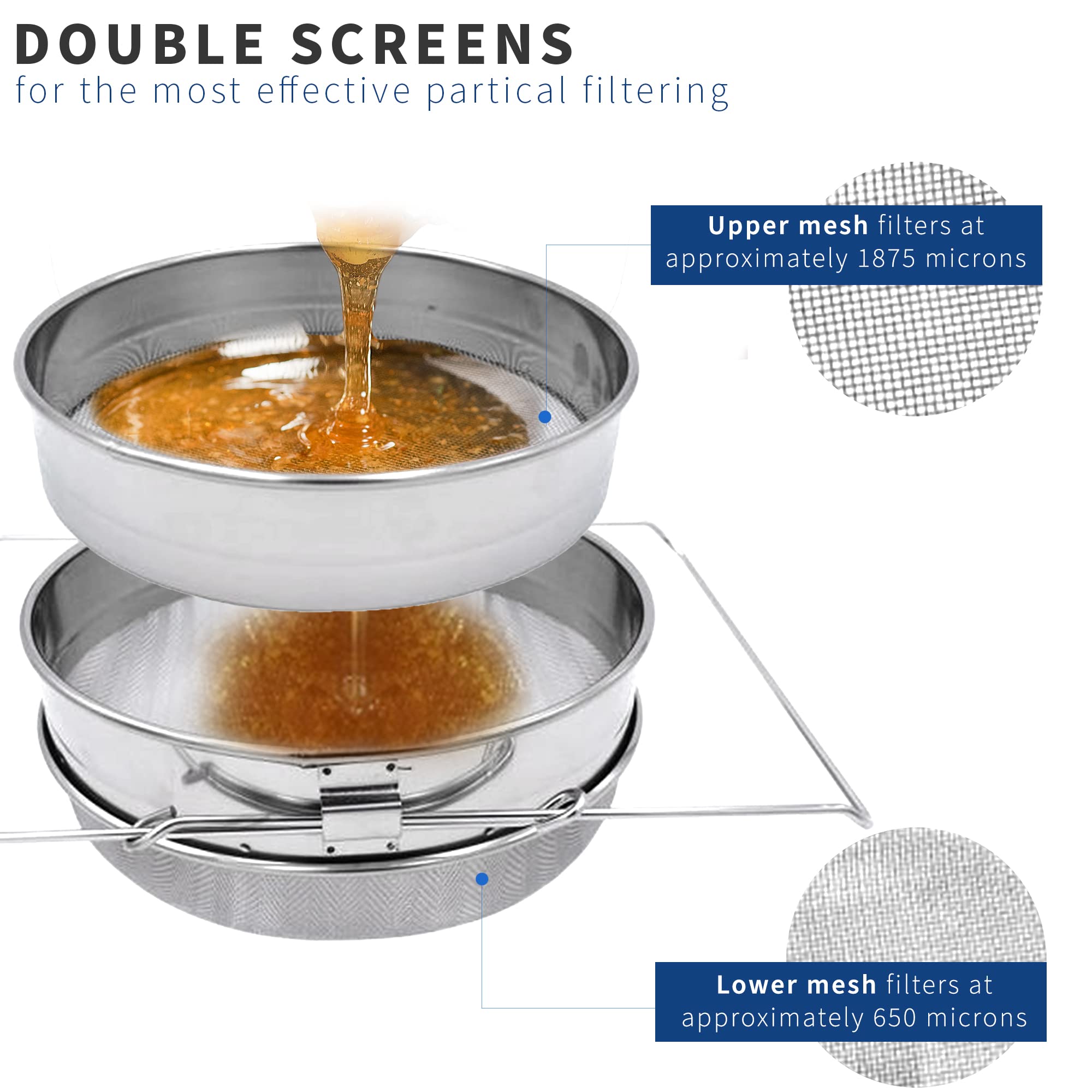 VIVO honey strainer with extendable arms over pan for wide reach.
