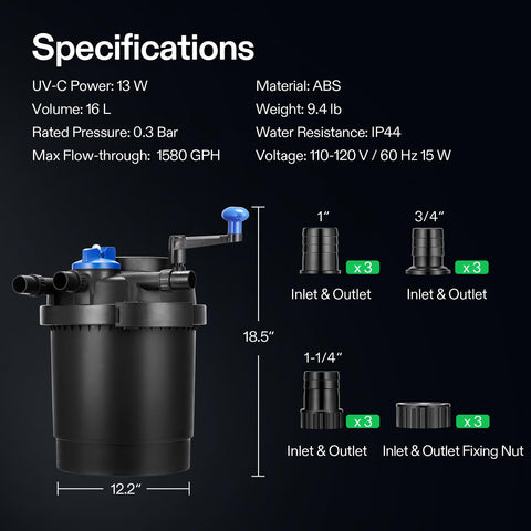 VIVOGROW Bio Pressure Filter glass cover option seals outlet when not draining.