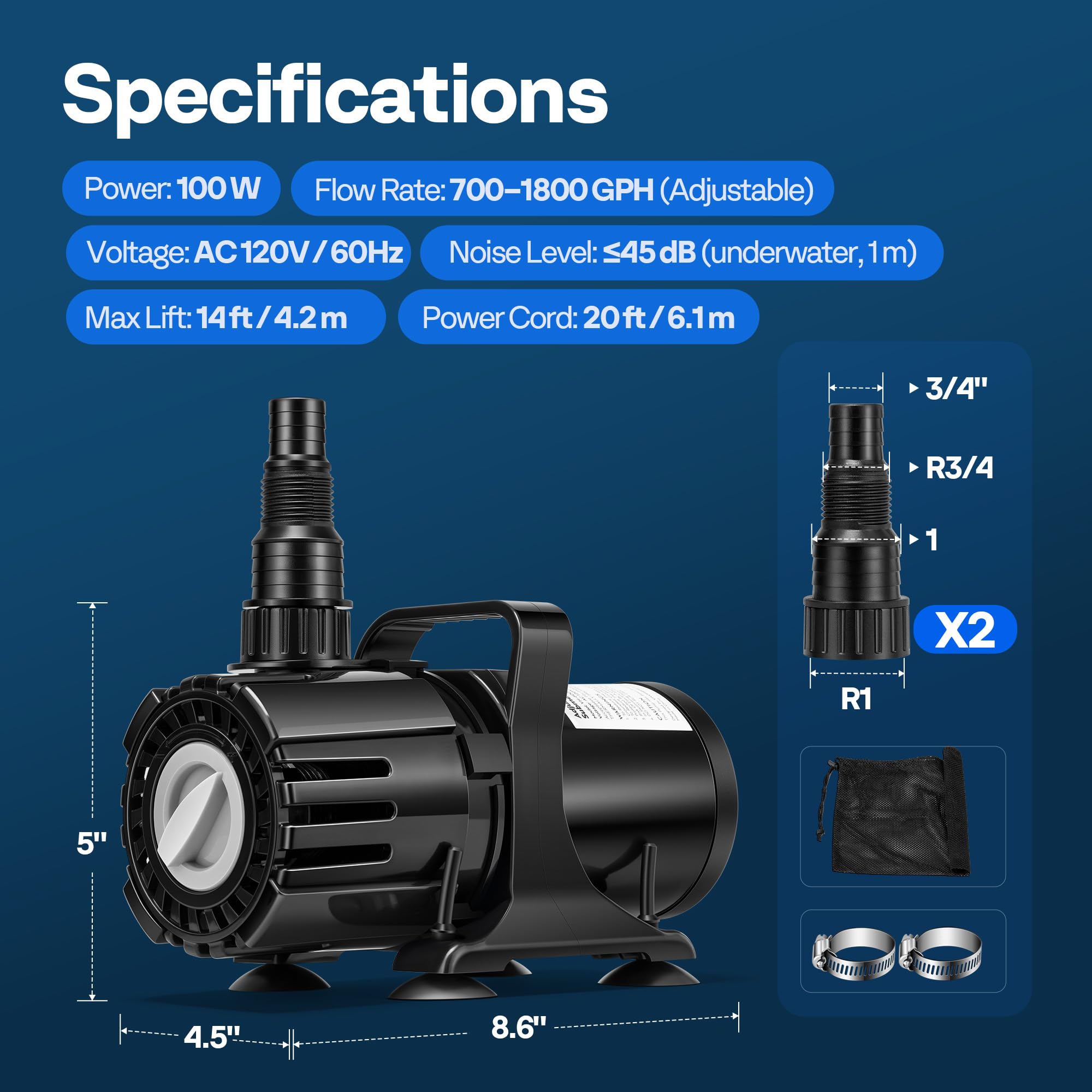VIVOHOME 100W pump 20 ft cord for versatile placement.
