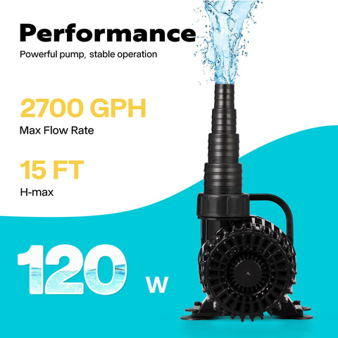 VIVOHOME 2700GPH submersible pump delivers strong pond circulation for koi and fish tanks.