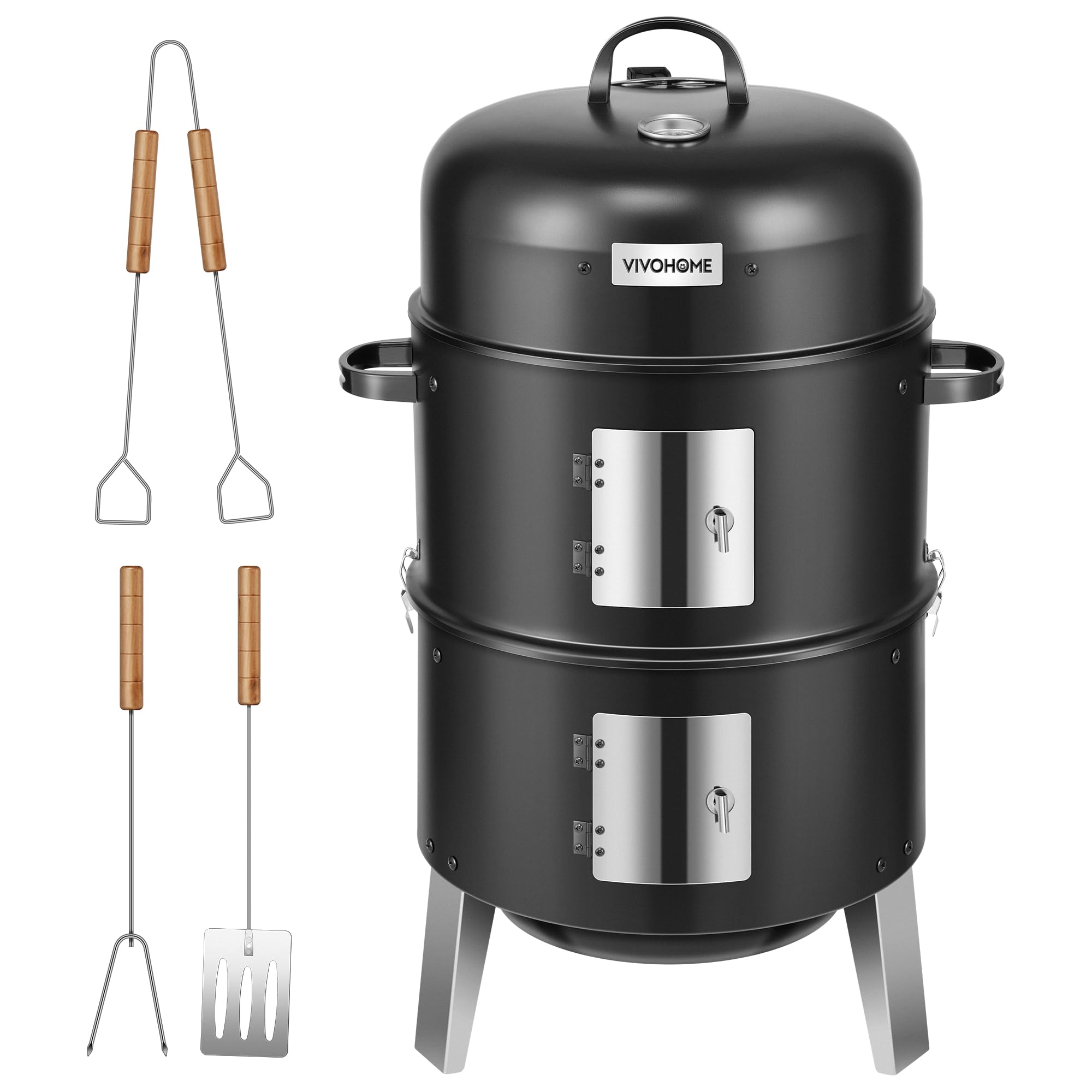 VIVOHOME 3-in-1 vertical charcoal smoker front view for backyard cooking