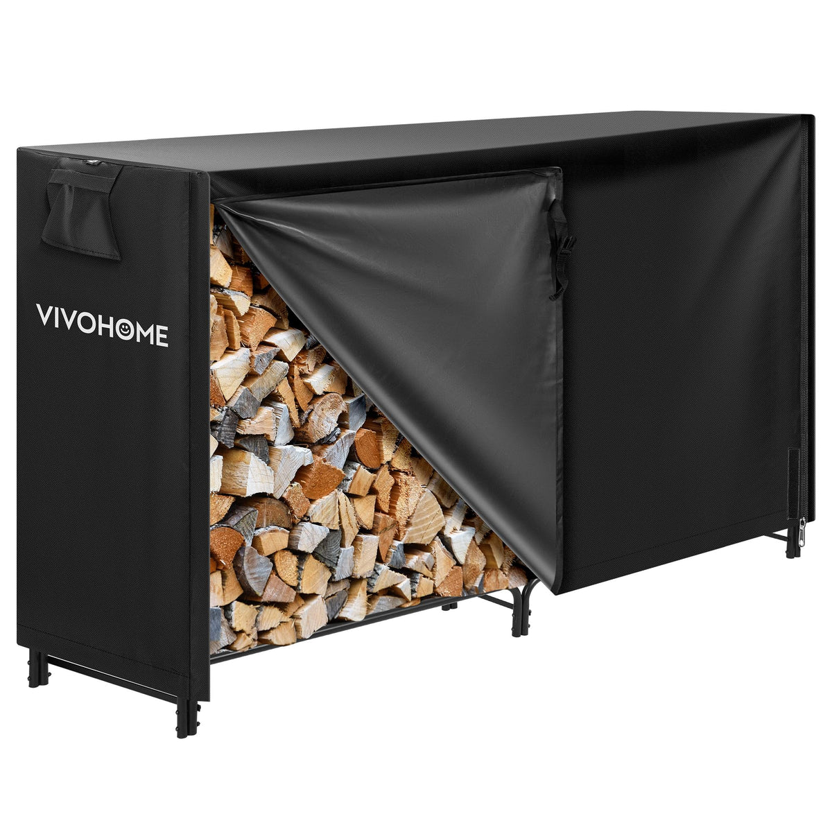 VIVOHOME 6ft firewood rack with cover on an outdoor patio keeps logs organized.