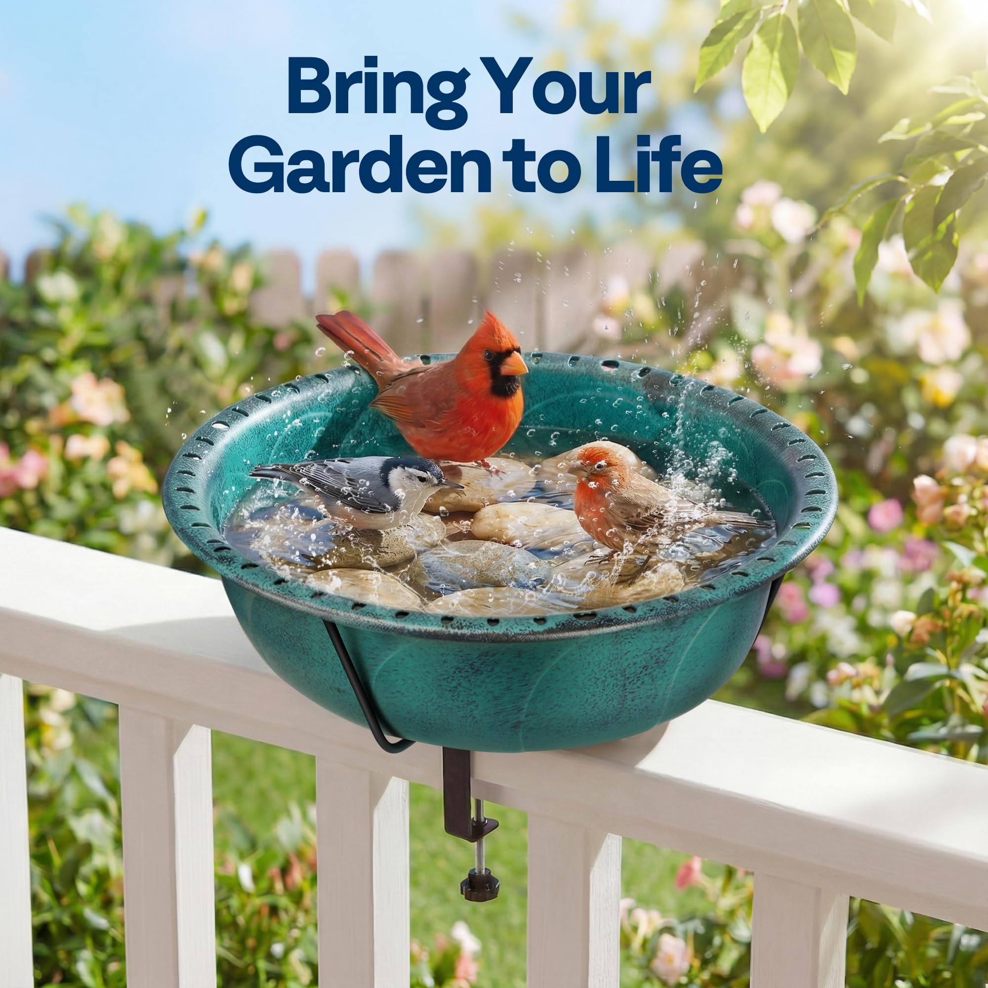 VIVOHOME adjustable rail clamp securing the bird bath to a railing for stability