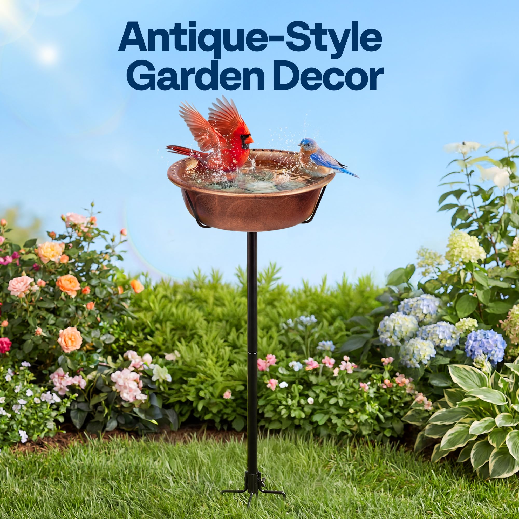 VIVOHOME bird bath with ground stake shows a sturdy metal stake for stable placement