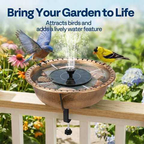 VIVOHOME bird bath on rail shows secure fountain attachment for tranquil garden birds.