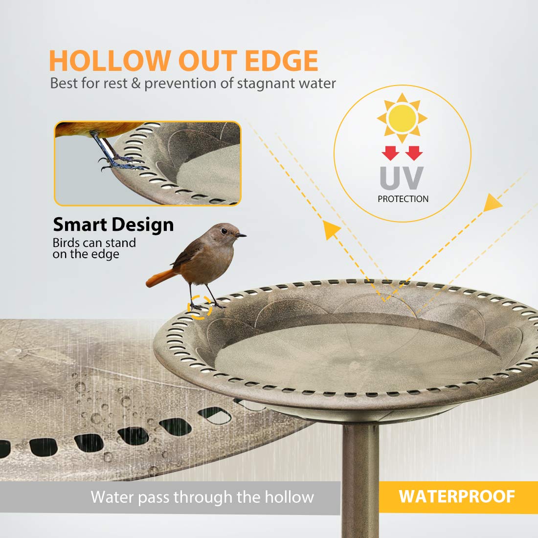 VIVOHOME bird bath pedestal assembly highlights easy 1-minute setup with threaded parts.