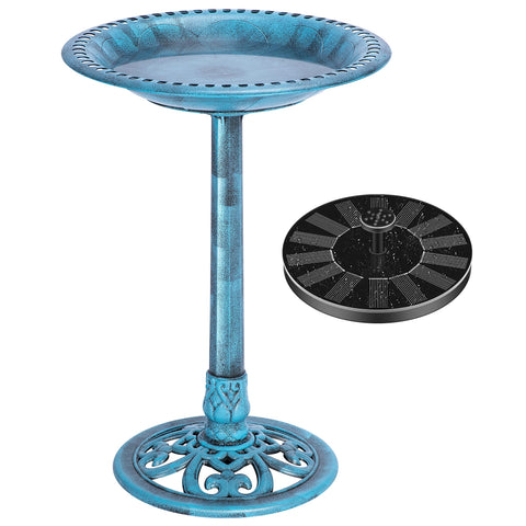 VIVOHOME bird bath blue bowl with solar fountain attracts garden birds.