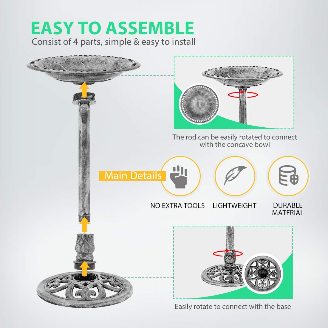VIVOHOME Bird Bath features a wide base and ground stakes for wind-resistant placement.
