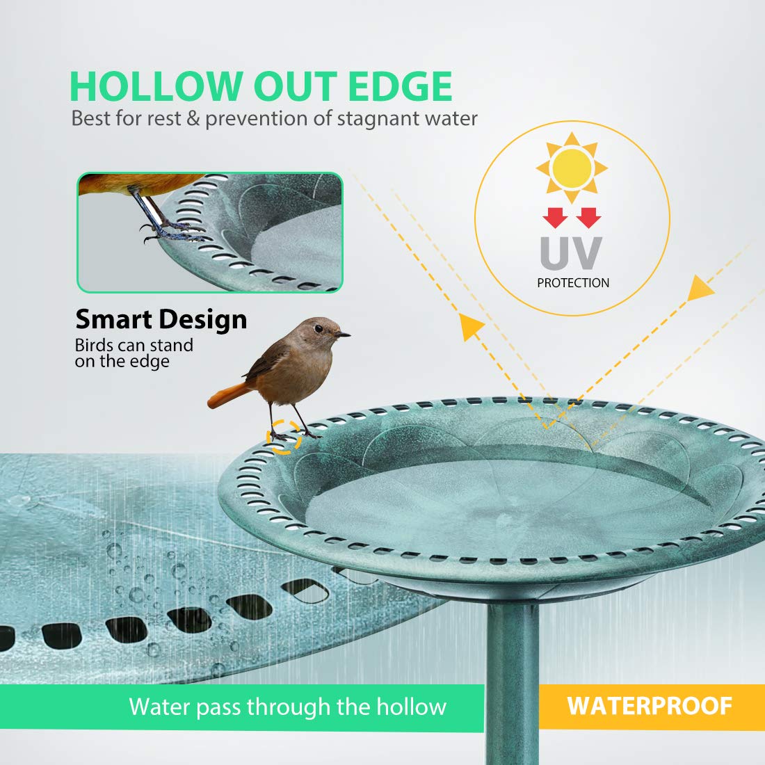 VIVOHOME bird bath stakes green anchor the unit against wind