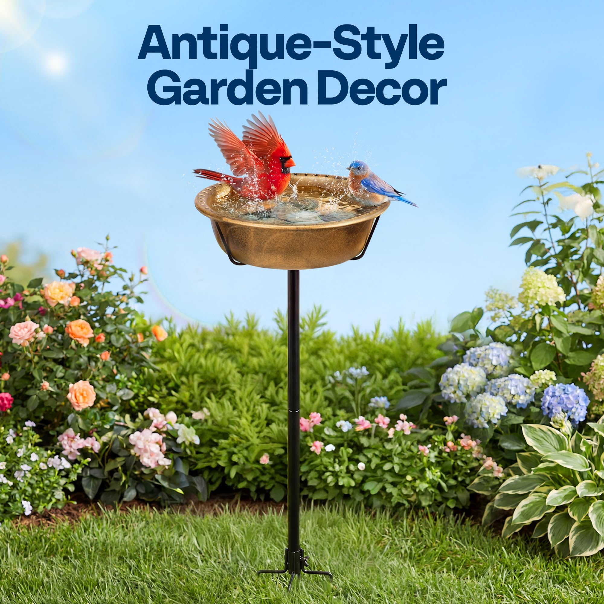 VIVOHOME birdbath ground stake with four-prong base offers sturdy support.