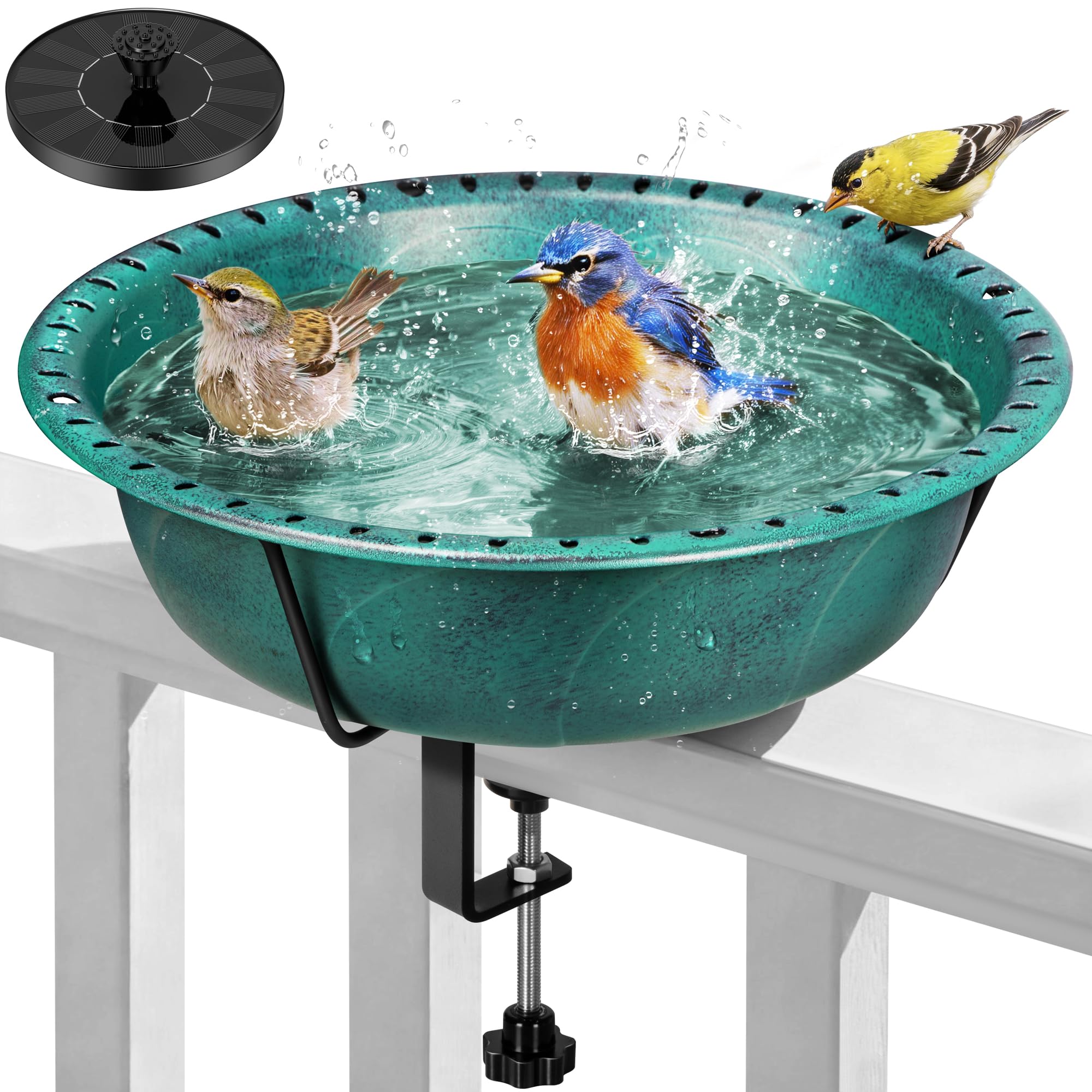 VIVOHOME deck-mounted bird bath with fountain on railing for easy outdoor setup
