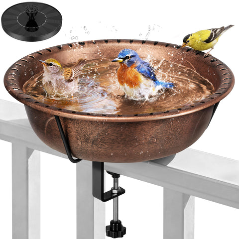 VIVOHOME deck-mounted bird bath with solar fountain on railing, attracting birds with gentle mist
