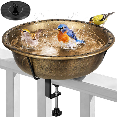 VIVOHOME deck-mounted bird bath with solar fountain in sunlit railing setting.