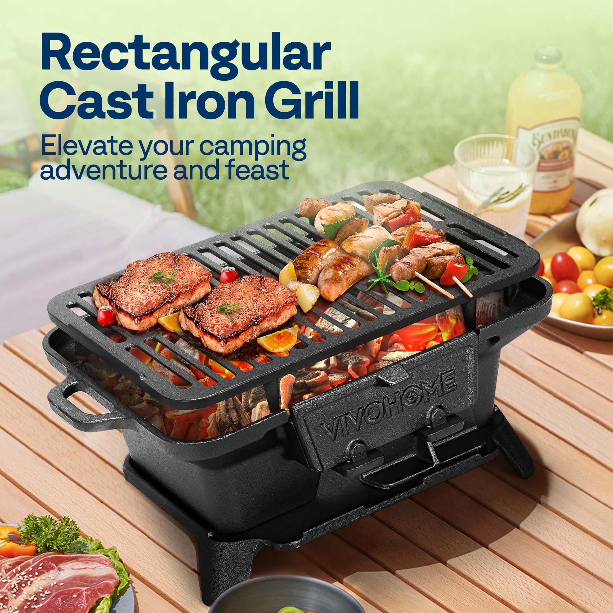 VIVOHOME double-sided grate showing height-adjustable sear and smoke capability