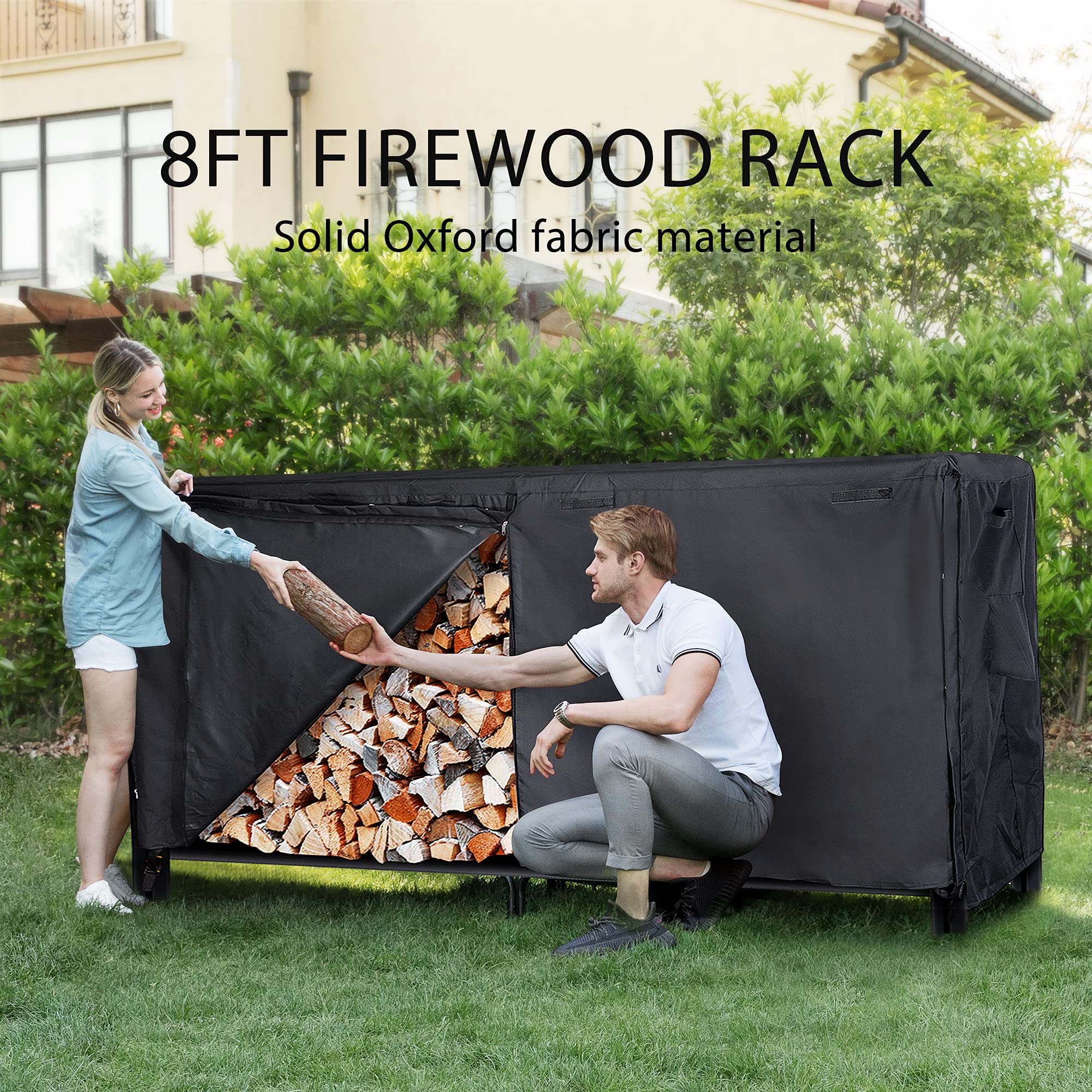 VIVOHOME firewood rack assembly guide shows quick, tool-free setup.
