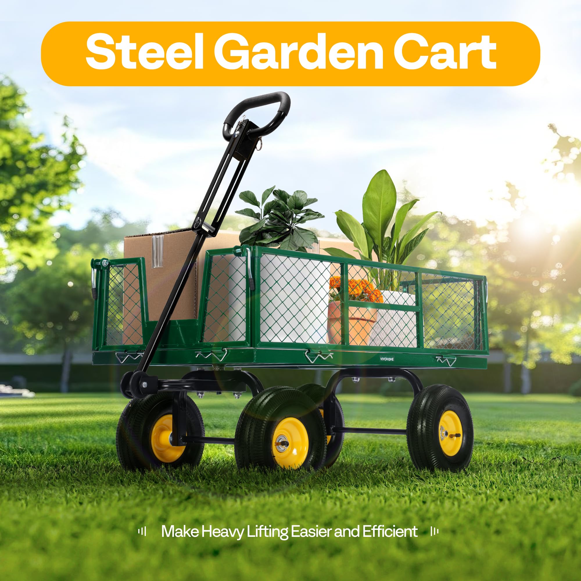 VIVOHOME garden cart with 10-inch tires for stable movement.