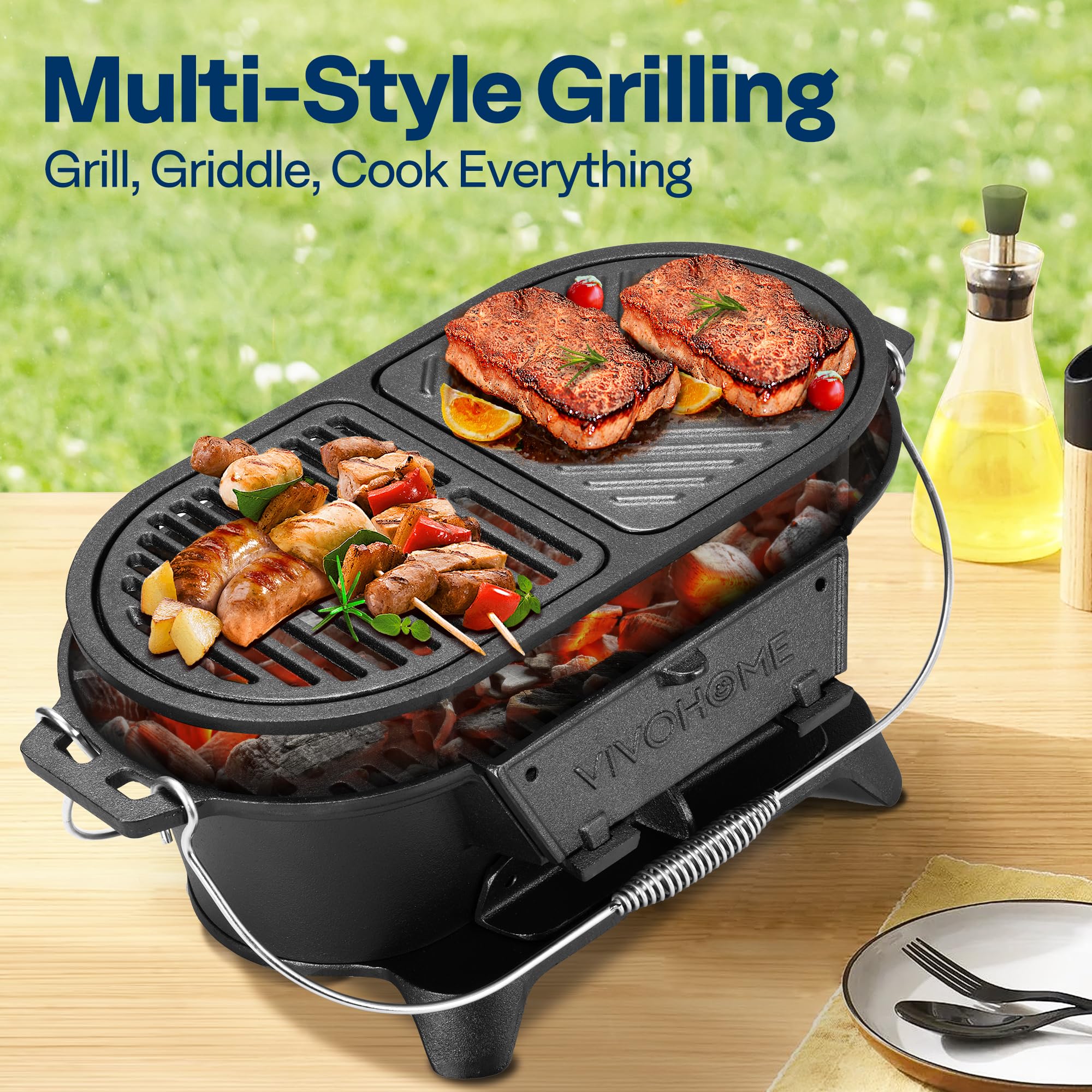 VIVOHOME oval grill with detachable griddle for searing and sautéing foods.