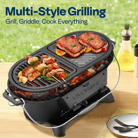 VIVOHOME oval grill with detachable griddle for searing and sautéing foods.