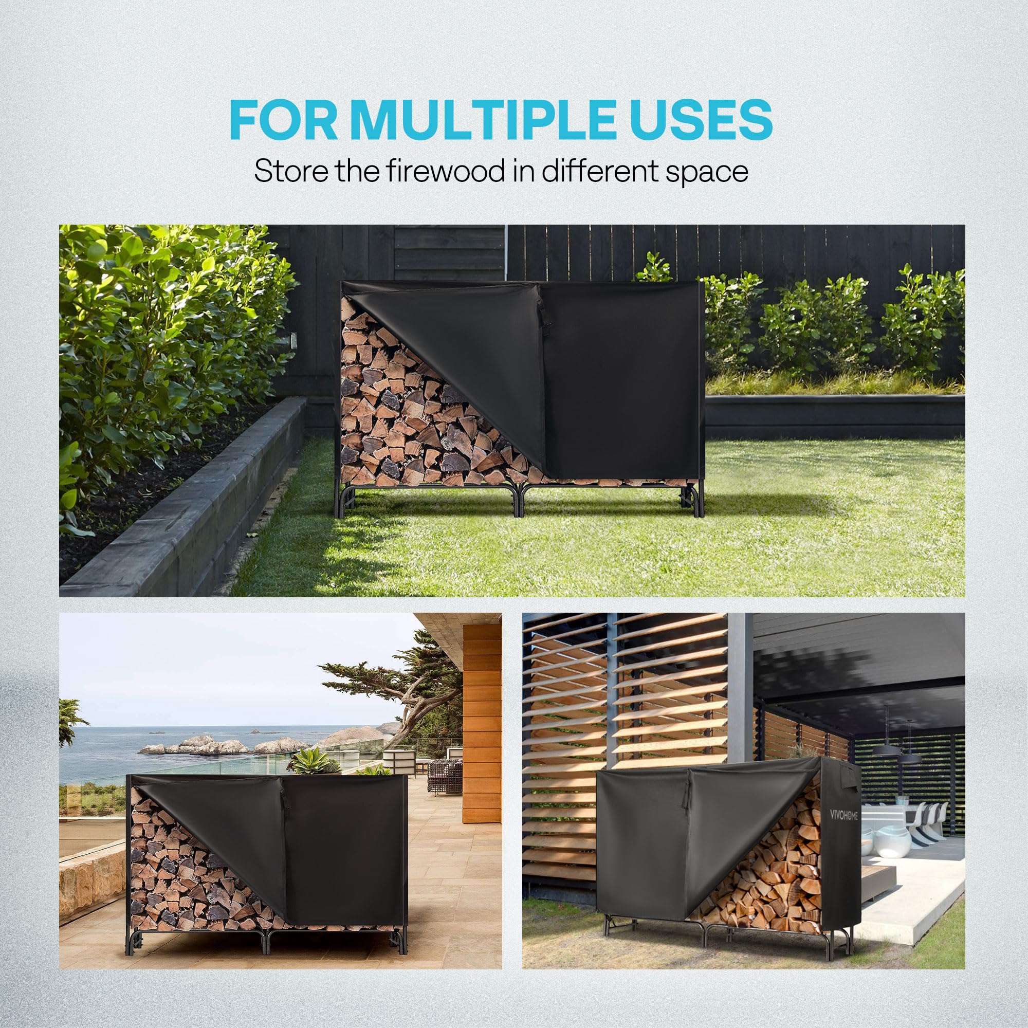 VIVOHOME porch and yard storage keeps logs off damp ground.