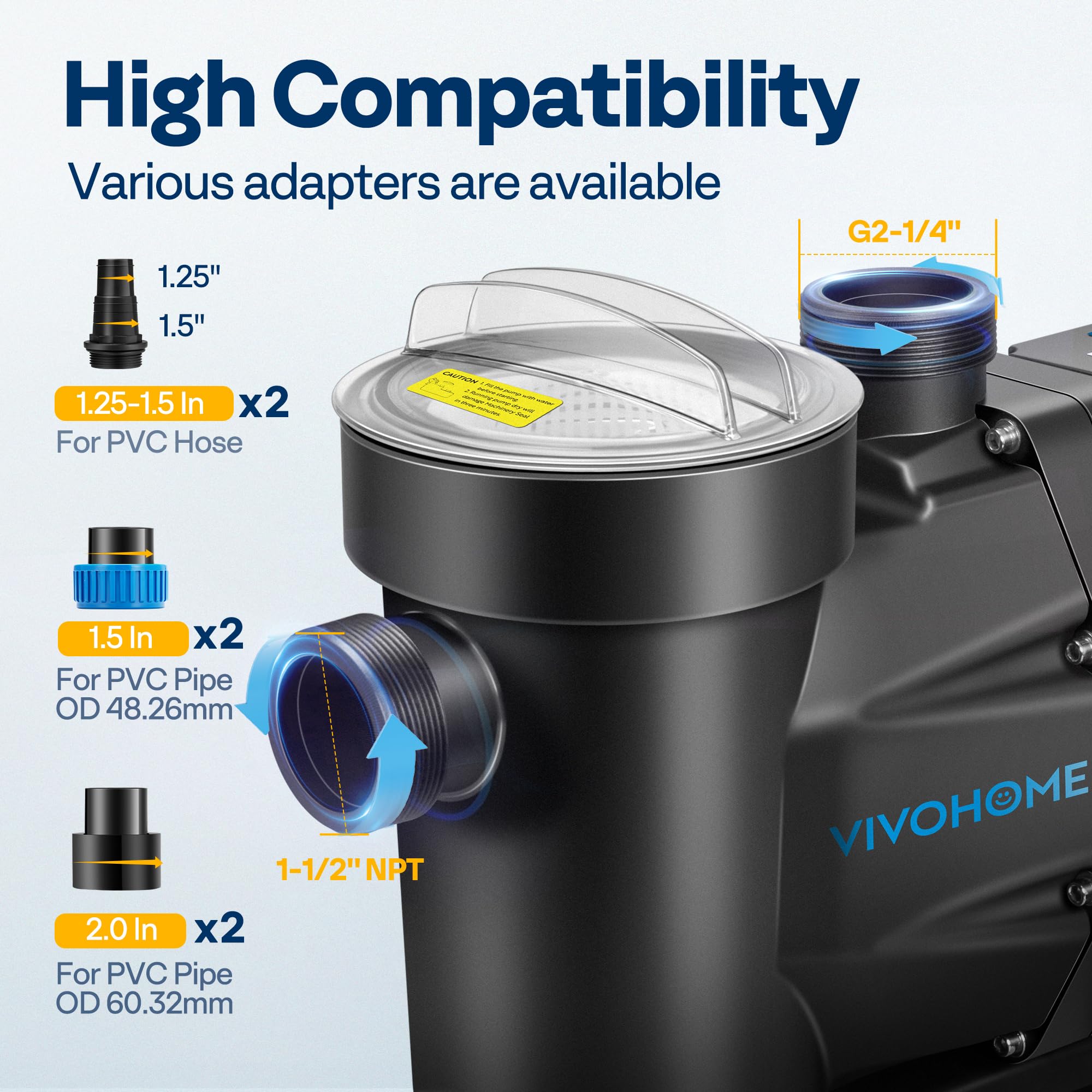 VIVOHOME pool pump adapters fit 1.5 and 2 inch piping