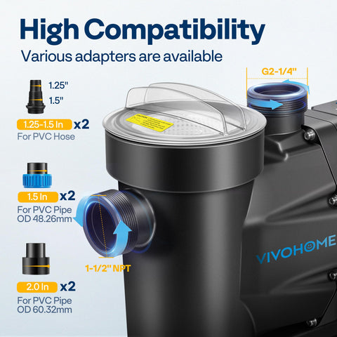 VIVOHOME pool pump adapters fit 1.5 and 2 inch piping