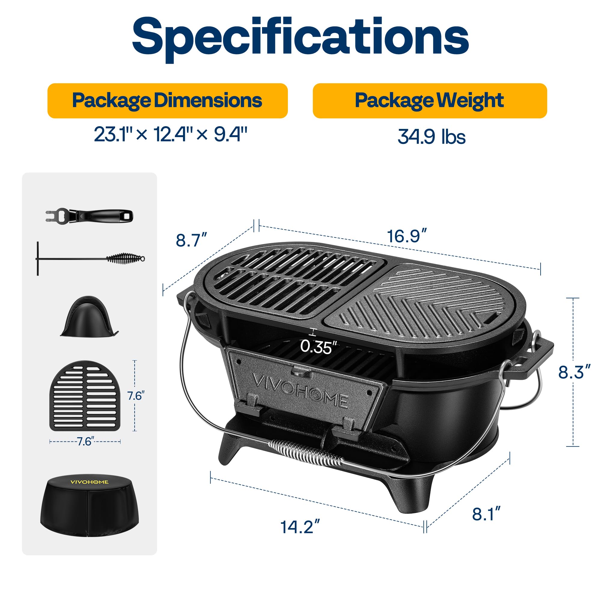 VIVOHOME portable oval grill with spring handles for easy transport.