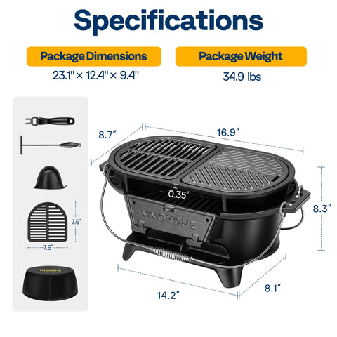 VIVOHOME portable oval grill with spring handles for easy transport.