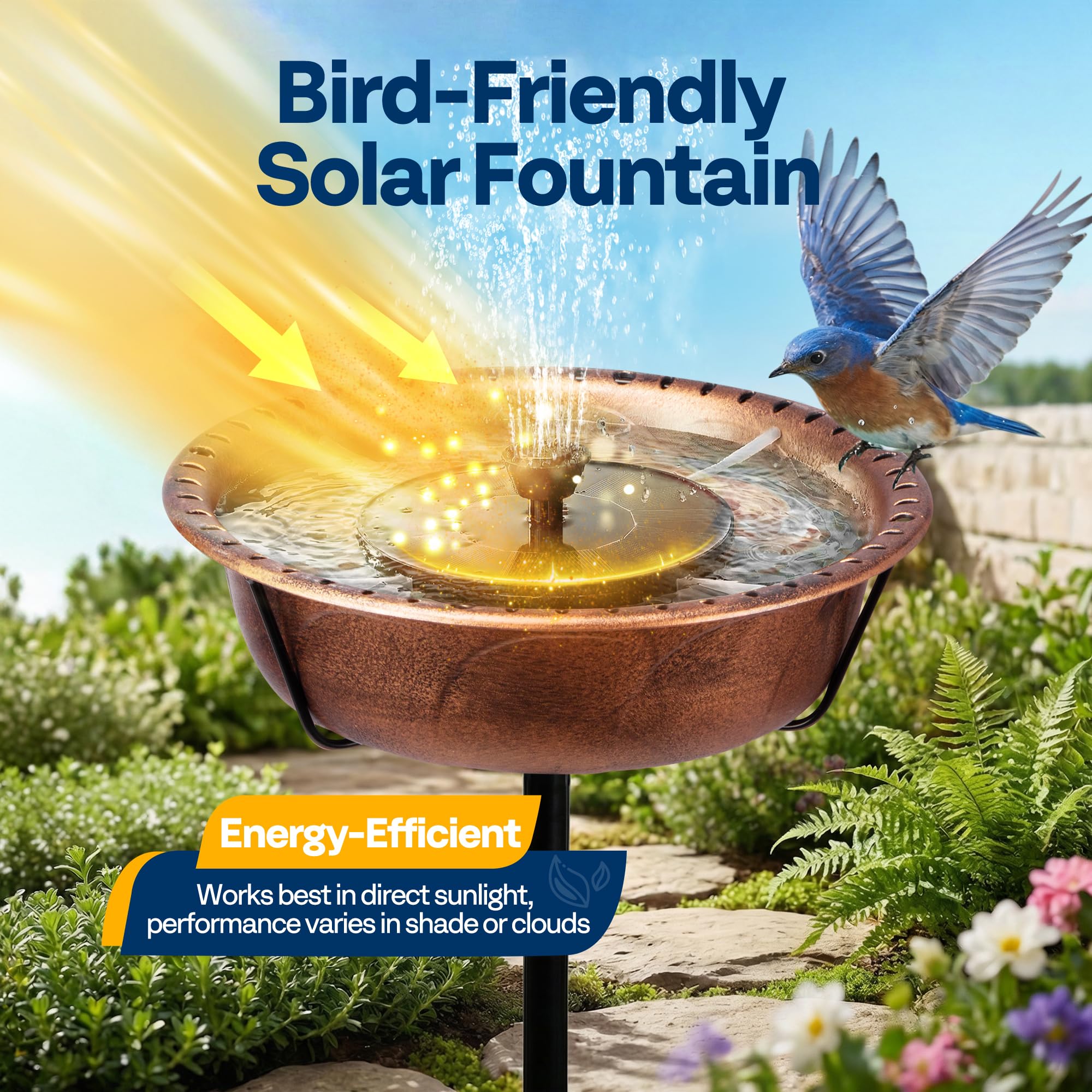 VIVOHOME solar fountain with three nozzles provides adjustable, soft water spray.