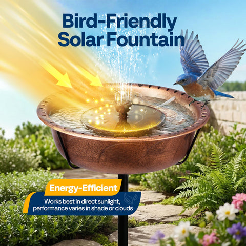 VIVOHOME solar fountain with three nozzles provides adjustable, soft water spray.