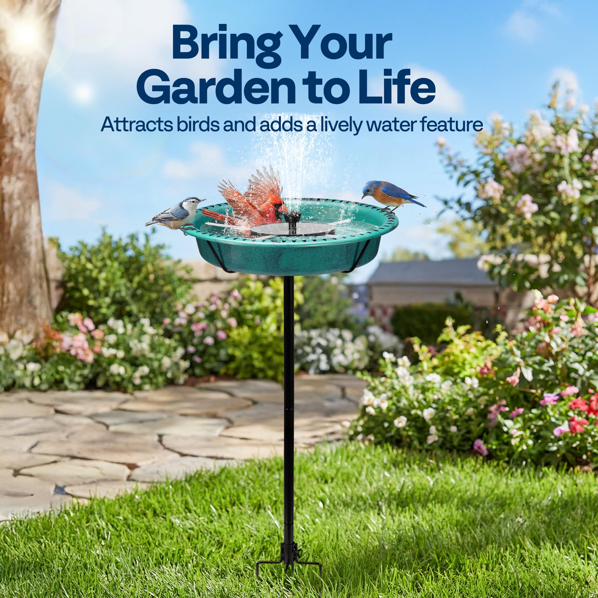 VIVOHOME solar-powered pump with three nozzles delivers soft water columns.